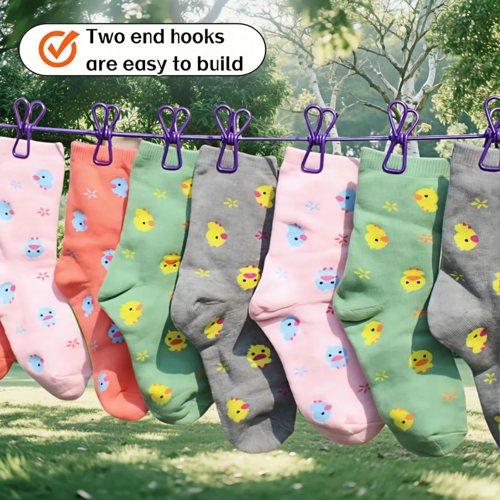 Portable Clothesline with 12 Clips - Extends 12ft, Heavy Duty Stainless Steel Hooks (7).webp