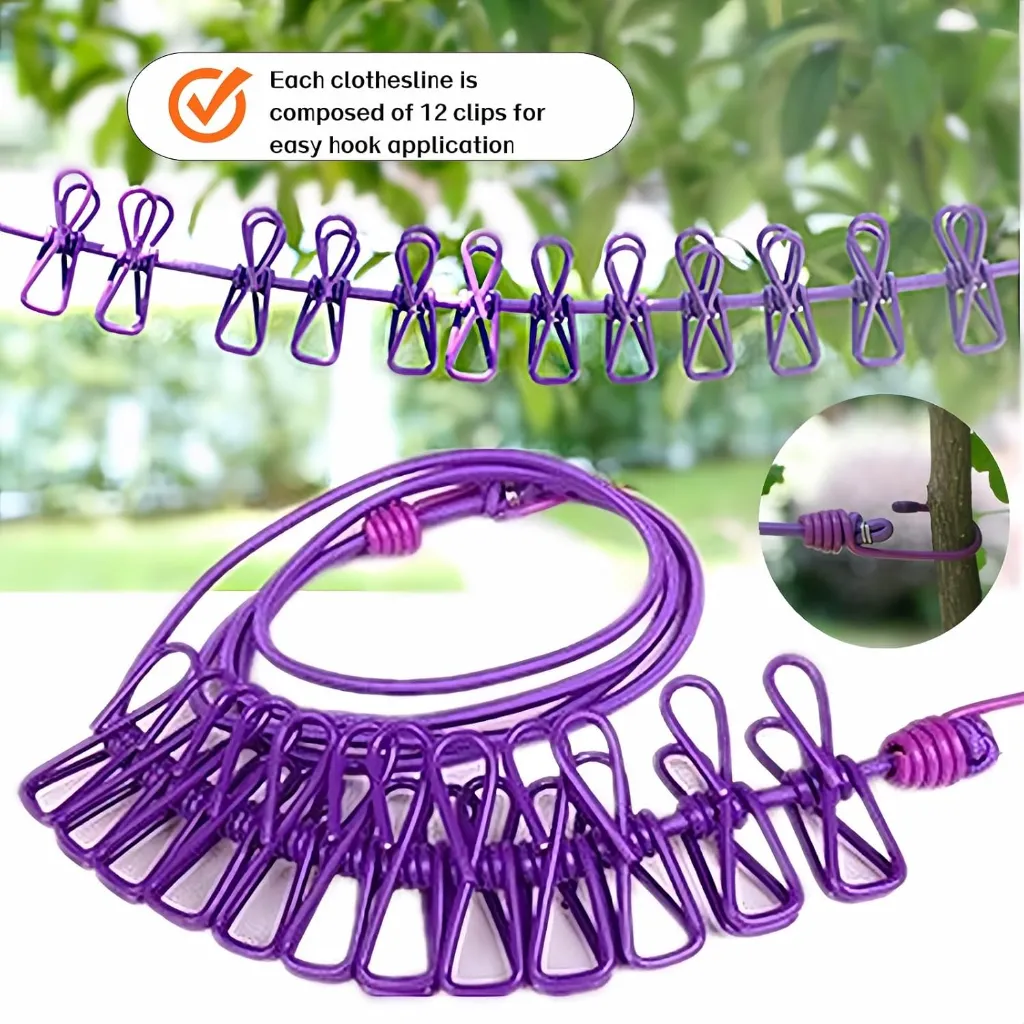 Portable Clothesline with 12 Clips - Extends 12ft, Heavy Duty Stainless Steel Hooks (1).webp