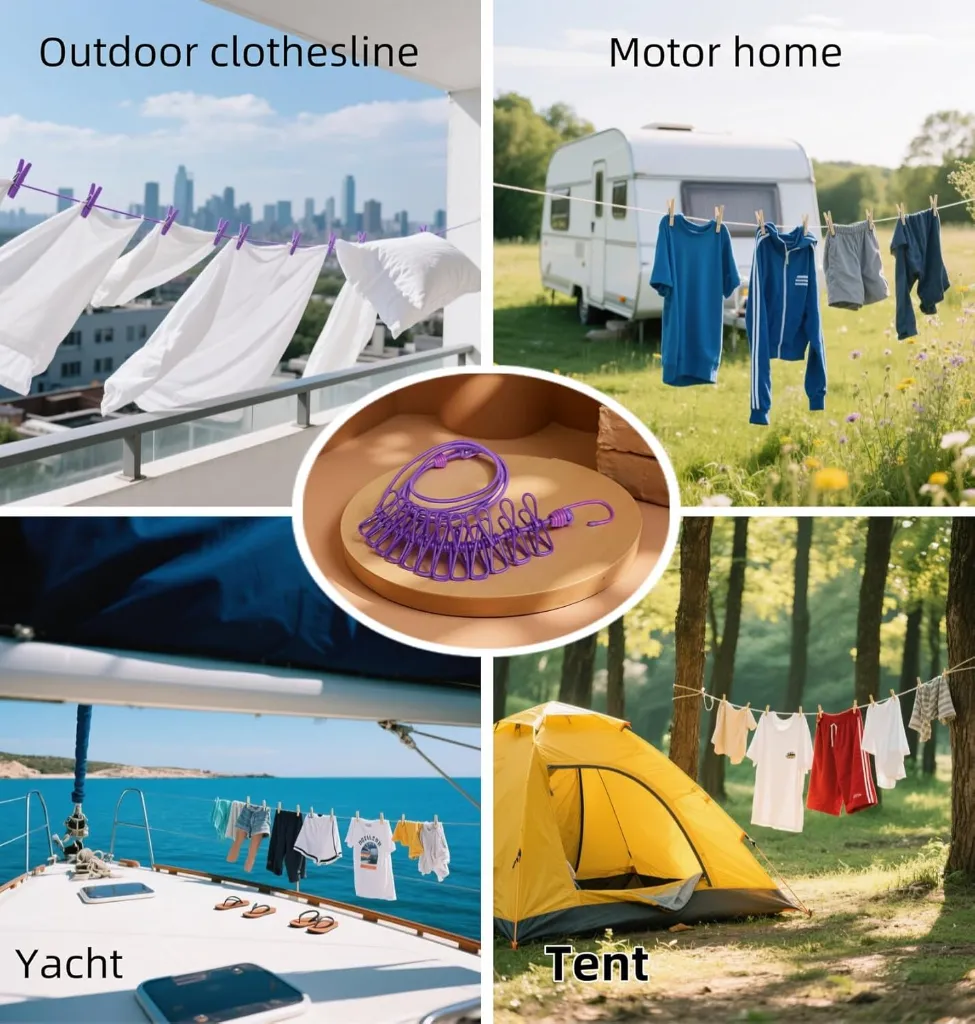 Portable Clothesline with 12 Clips - Extends 12ft, Heavy Duty Stainless Steel Hooks (8).webp