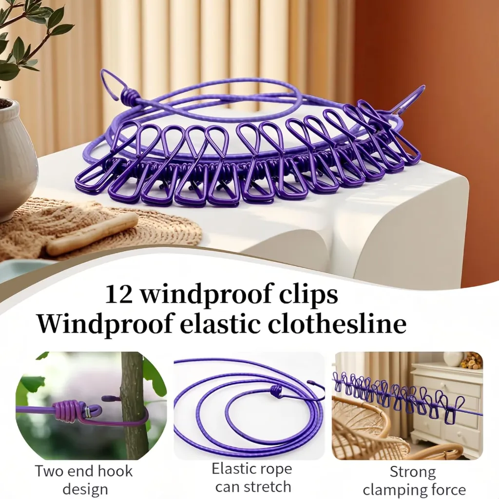 Portable Clothesline with 12 Clips - Extends 12ft, Heavy Duty Stainless Steel Hooks (9).webp