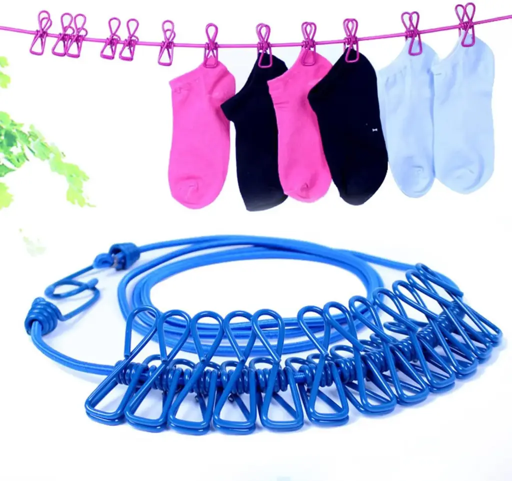 Clothesline with 12 Clips - Extends 12ft Portable (Blue)